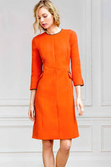Jewel Neck Bracelet Length Sleeve A Line Dress with Flap Pockets and Suede Trim