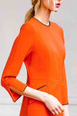 Jewel Neck Bracelet Length Sleeve A Line Dress with Flap Pockets and Suede Trim