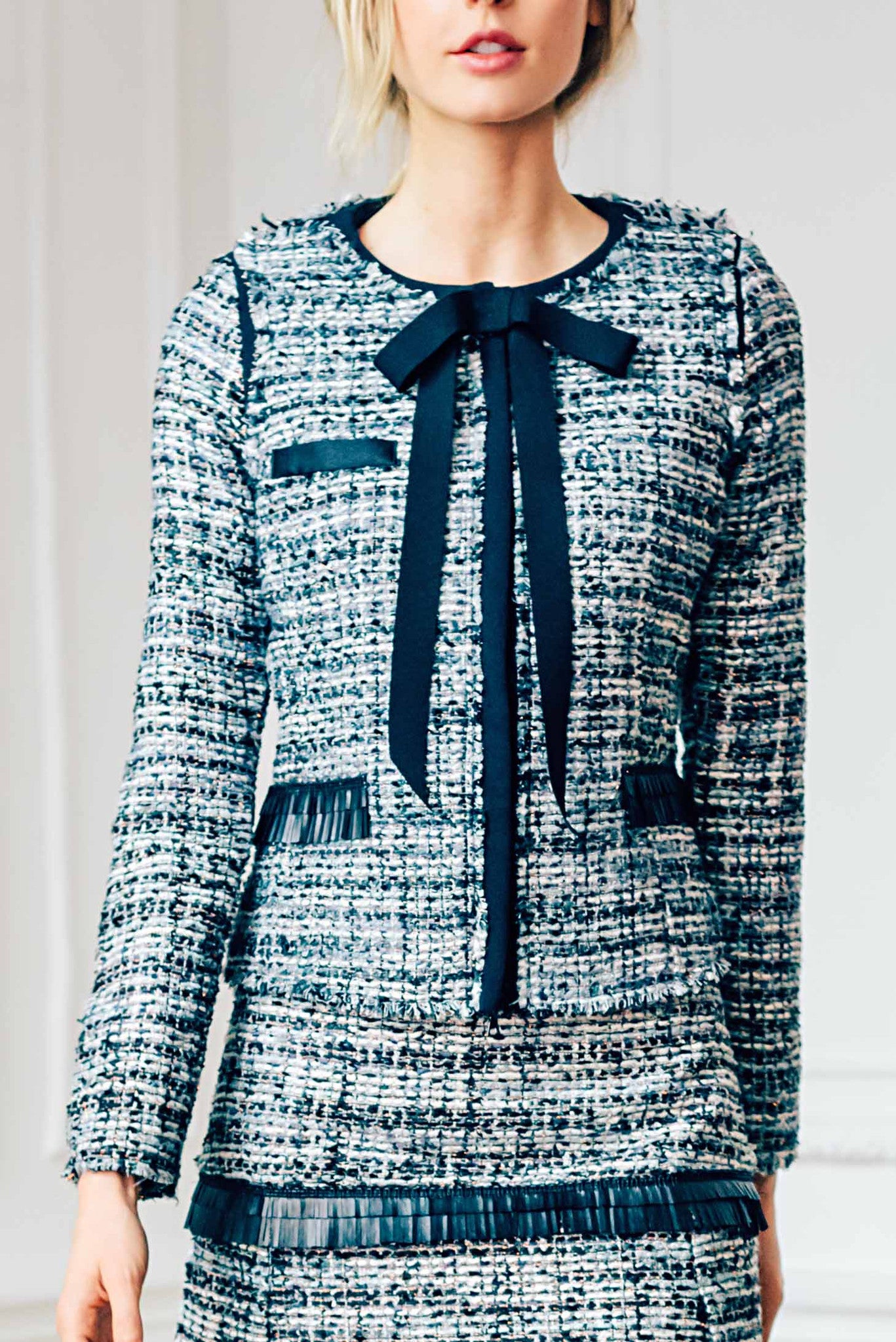 Raw Edged Tweed Jacket with Full Length Sleeve with Italian Techno Stretch Wool Paneling and Leather Fringe Detail